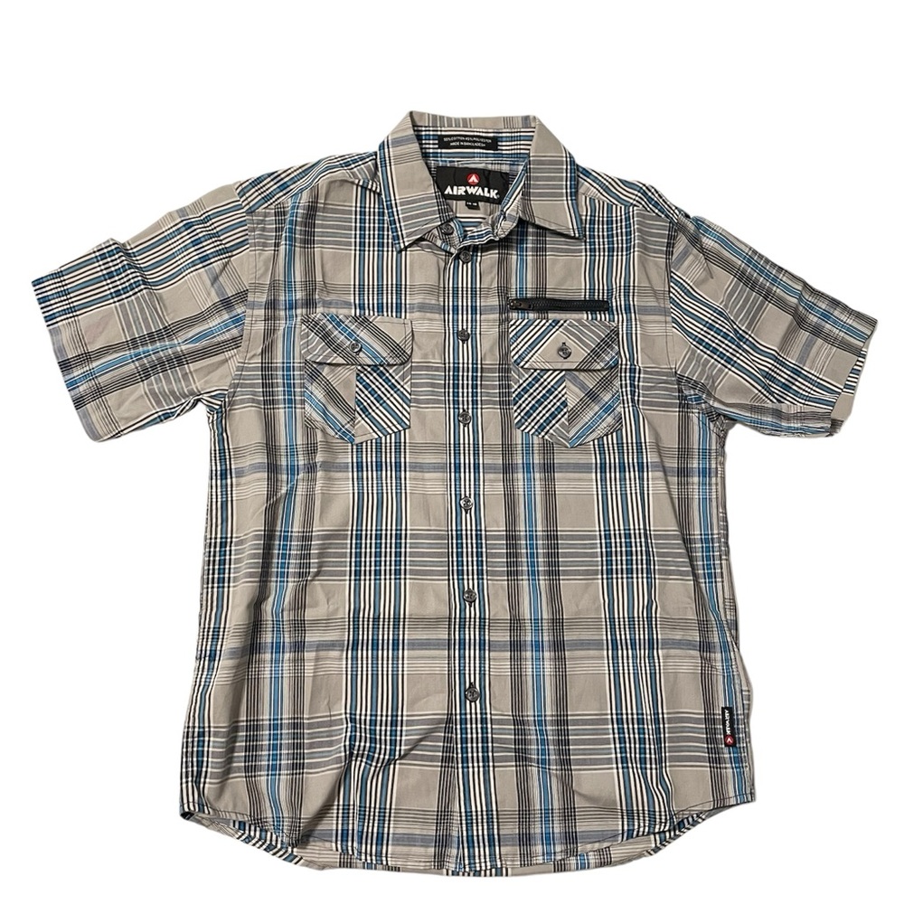 AIRWALK Boys Shirt Plaid Short Sleeve Blue Gray Button up Size 14-16, New